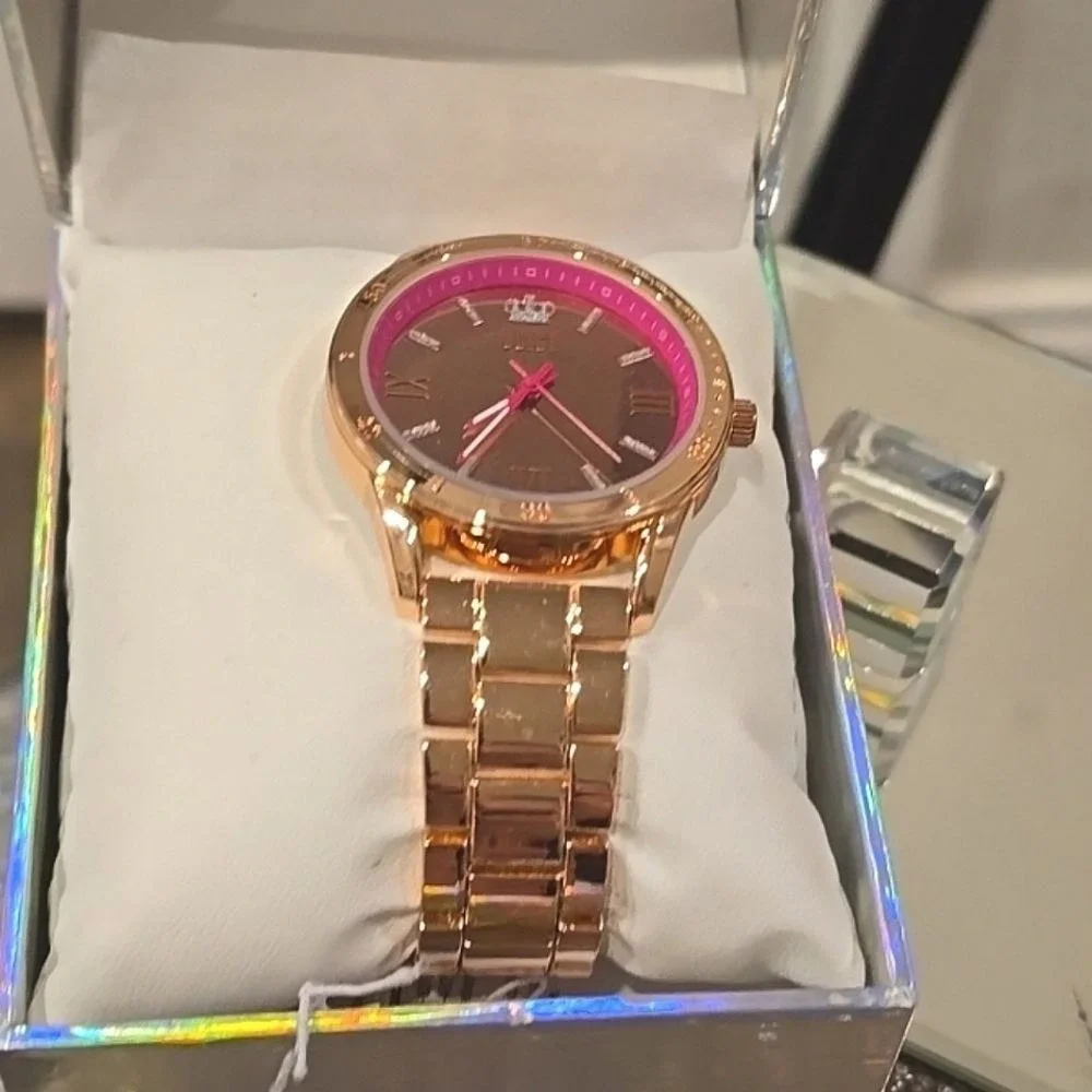 Juicy Couture Black Label Rhinestone Crown Logo Gold Rose Tone Braclet‎ Watch